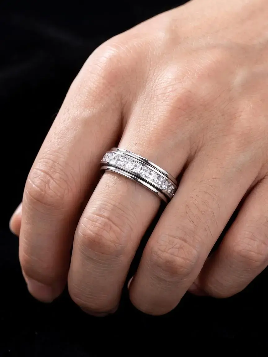 New Rhinestone Circle Small Square Drill Unique Stress Relief Decompression Anxiety Relief Rotatable Jewelry, Anti Anxiety Jewelry, Elegant Glittering Ring, Fashionable Accessory for Women & Men, Rhinestone Decorated Ring, Spinner Fidget Rings