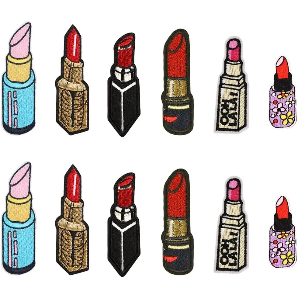 12-Count Beauty Motif Lipstick-Shaped Fabric Patch Badges Set - 6-Style Iron-On Glue or Sew-On Appliques for Clothes Decor, Jackets, Jeans, Synthetic Fiber Garments