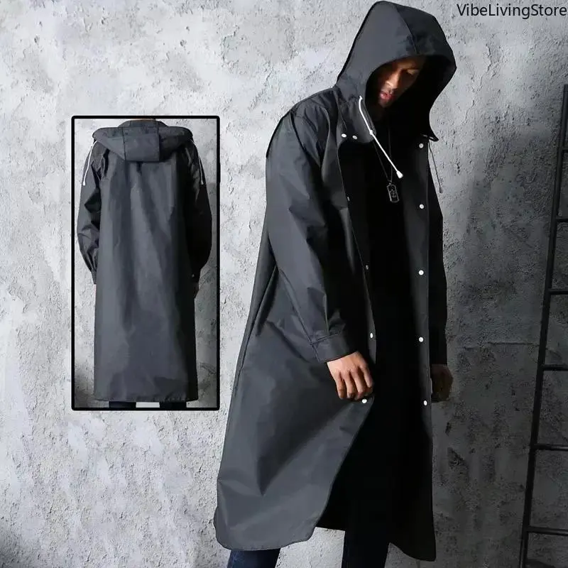 Unisex Black Hooded Long Raincoat for Adults - Eco-Friendly, Lightweight, Thick, Waterproof, Rainproof, Full Body Cover for Rainy Days, Fashion Outdoor Camping-Hiking Travel Jacket (Max Size XXXL)