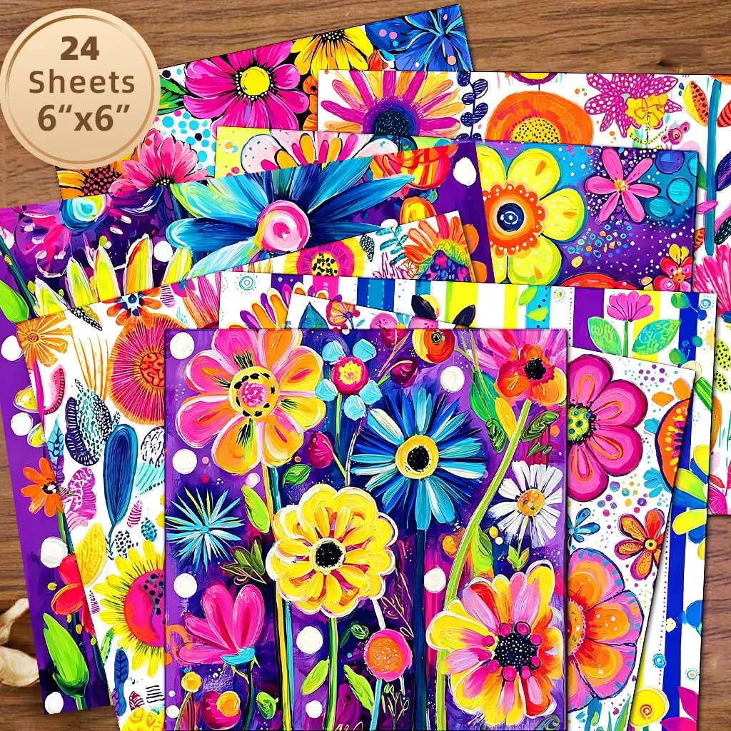 24 Sheets 6x6 Inch Pop Art Floral Scrapbook Papers, High Saturation Oil Painting Style, Sunflowers Daisies Polka Dots Stripes, DIY Craft Decorations, Scrapbook Supplies