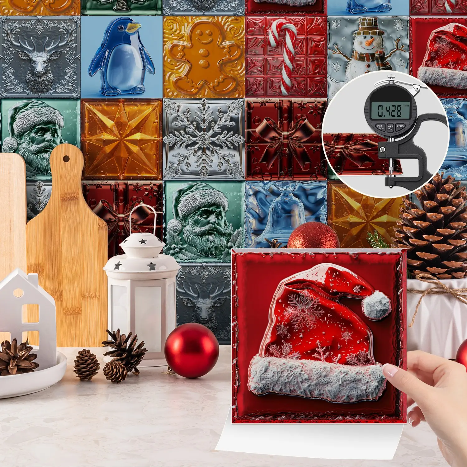 24PCS NHZ 3D Embossed Christmas Tile Stickers, PVC Crystal Film, Glossy Self-Adhesive Removable No Residue, Easy Clean for Kitchen Bathroom Home Decor