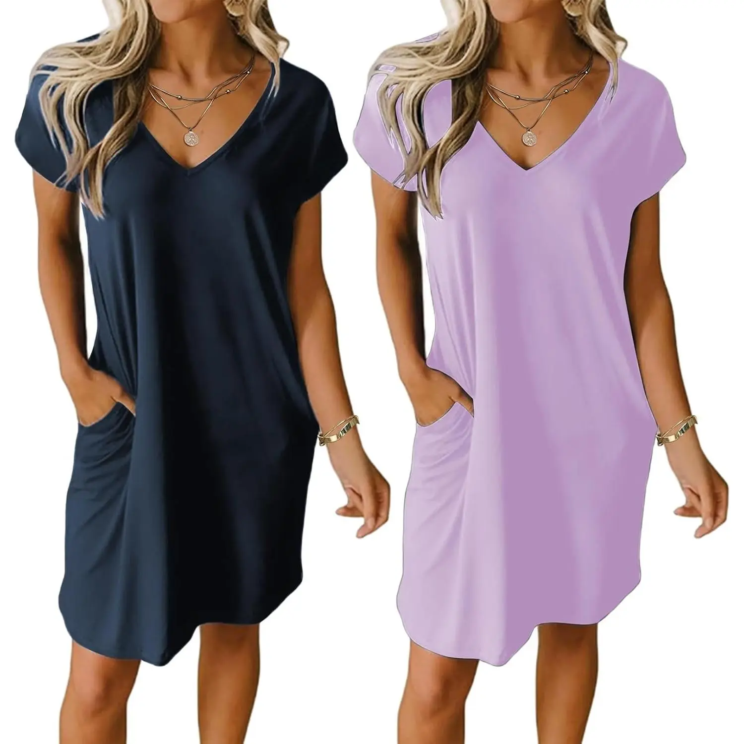 Women's 2-Pack Short Sleeve Nightgowns with Pockets, V-Neck Sleep Shirts, Soft Lounge Dresses for Summer