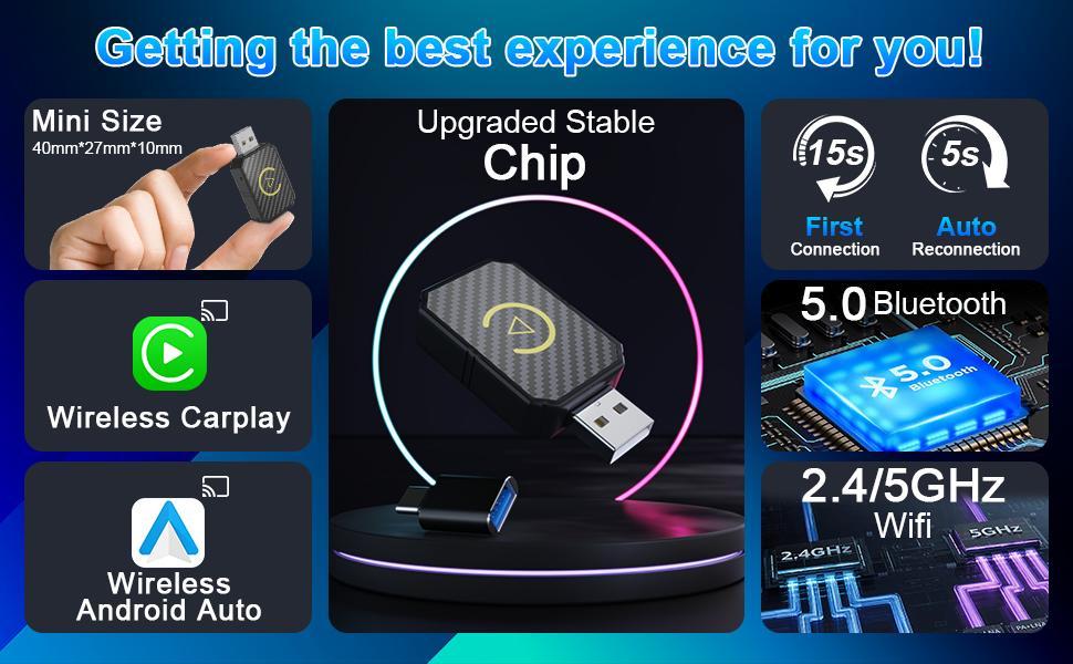 2 in 1 Wireless Apple CarPlay Adapter, for both Apple and Android,converts wired to wireless, suitable for factory wired CarPlay cars from 2017+