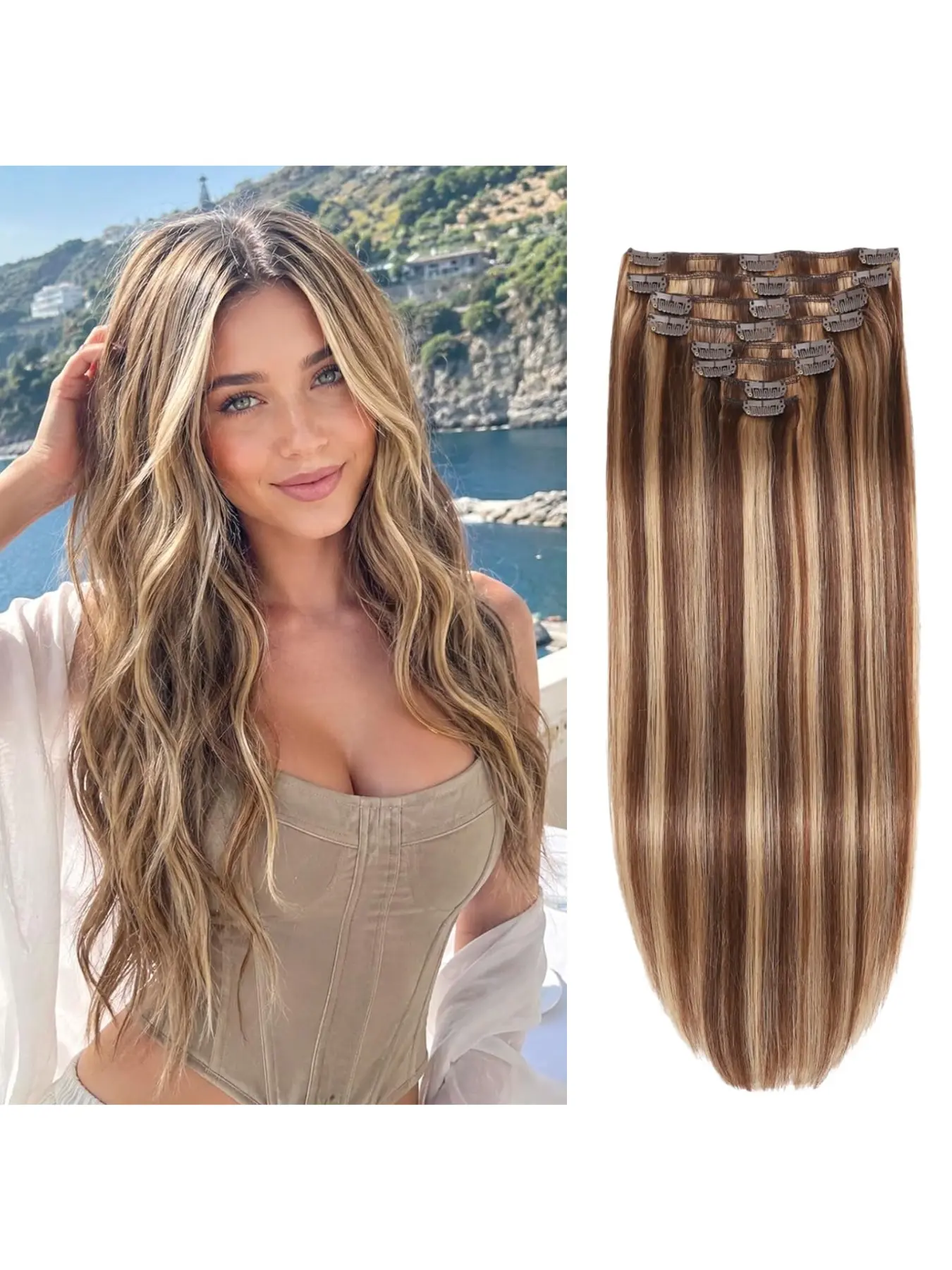 Straight 8Pcs Clip In Human Hair Extensions Highlight Mix Color 4P27  14-20in Thick 100g Remy Human Hair Clip Ins Comfortable Secure Clips Full Volume For Wedding Dating Salon Hairstyle Can Be Curled Dyed Hair Accessory Human Hair Highlights