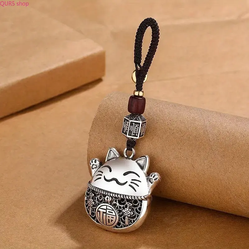 Unisex Chinese Style Fortune Cat Keychain With Copper Coin Ornament, Wood Core Metal Wrapped Cartoon Charm, Compact Ethnic Accessory For Luggage, Handbags And DIY Decor