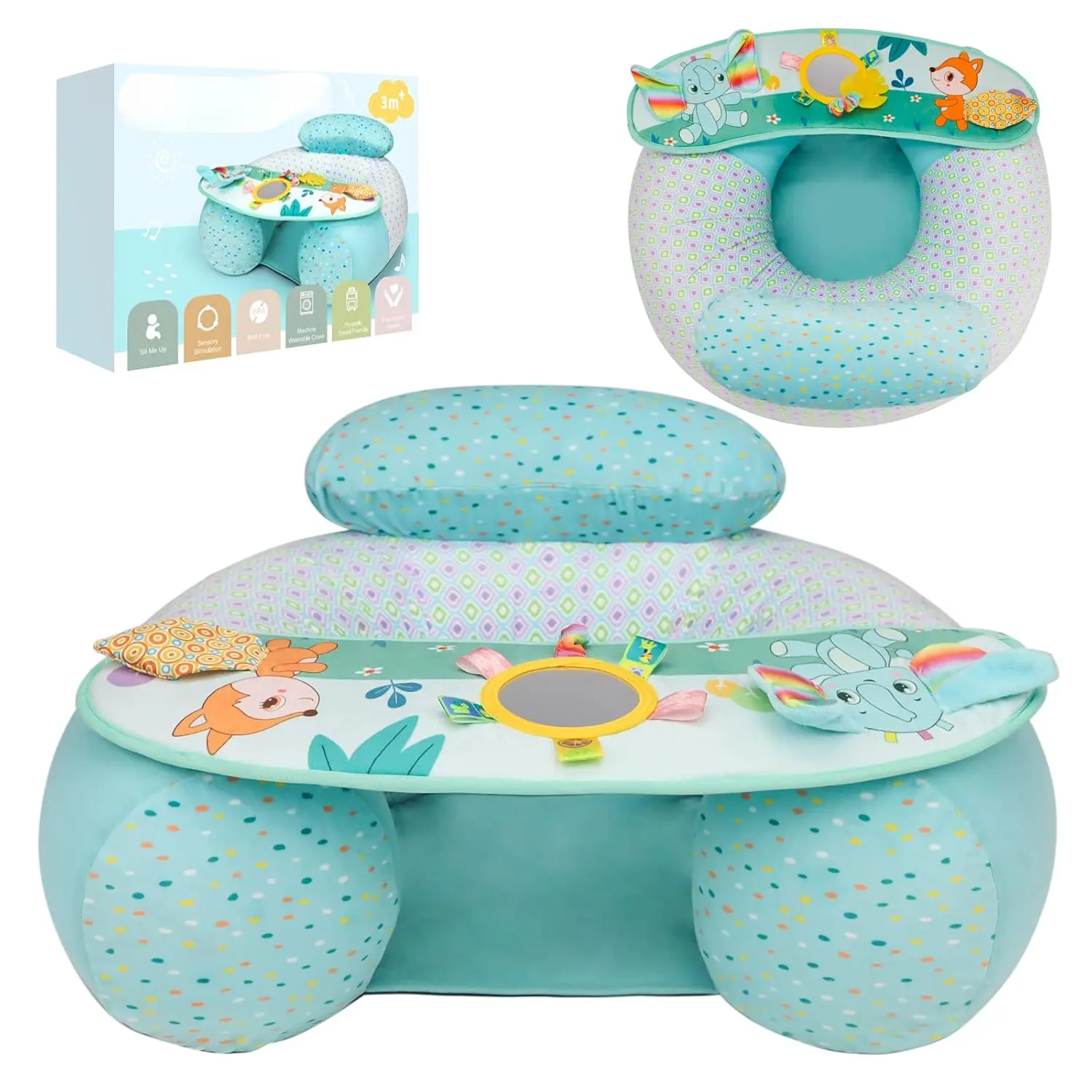 Inflatable Baby Sit Me Up Floor Seat (Covered Seat), 3-36 Months Activity Chair with Sensory Tray for Developmental Support, Elephant Design, Activity Tray