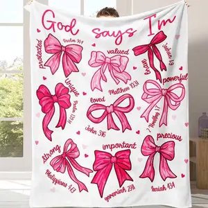 Countdown Sale! Pink Bow Christian Fleece Throw Blanket, "God Says I Am" Bible Verse Inspirational Blanket, Etiquette Style Jesus Faith Prayer Blanket for Sofa Bedroom Home Decor, All-Season Religious Gift for Christian Girls