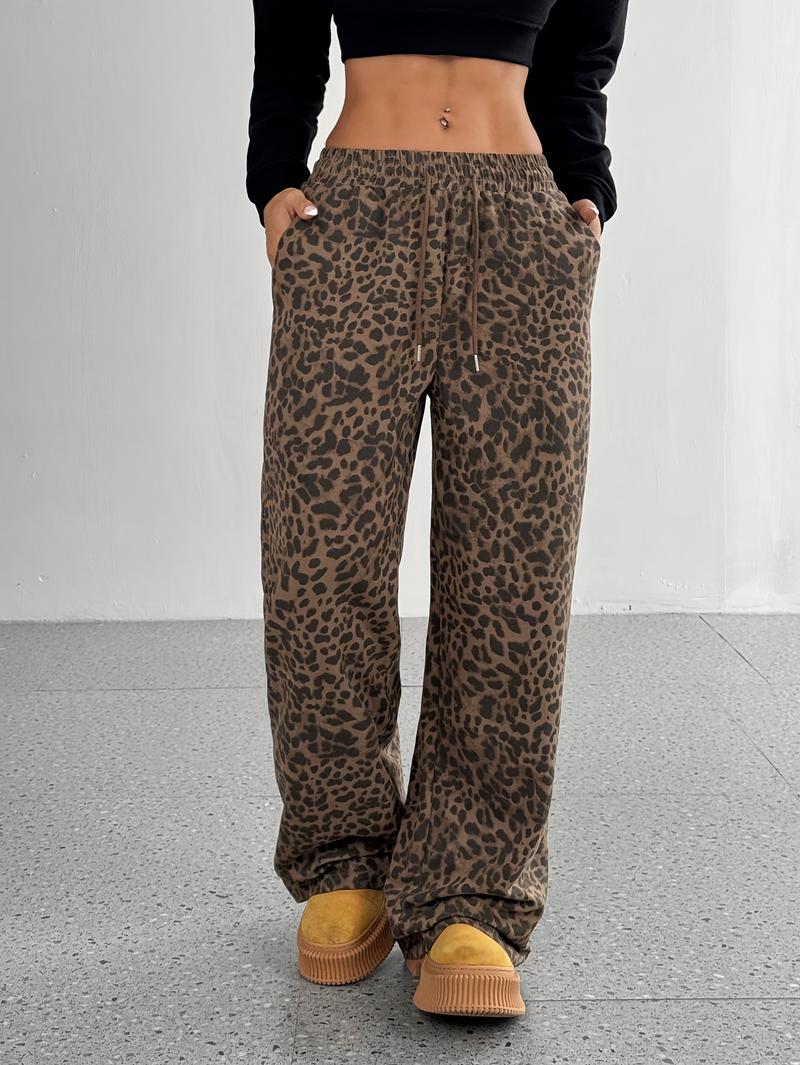 Leopard Print Drawstring Straight-Leg Pants for Women - Casual, Non-Stretch Polyester Blend, Machine Washable - for Spring/Summer/Fall