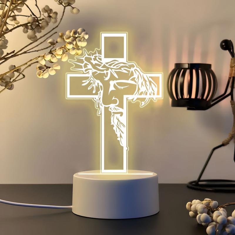 Jesus Cross 3D Night Light - Christian Religious Faith LED Lamp, Catholic Gift for Men Women, Aesthetic Acrylic Room Decor for Bedroom Prayer & Church, USB Powered