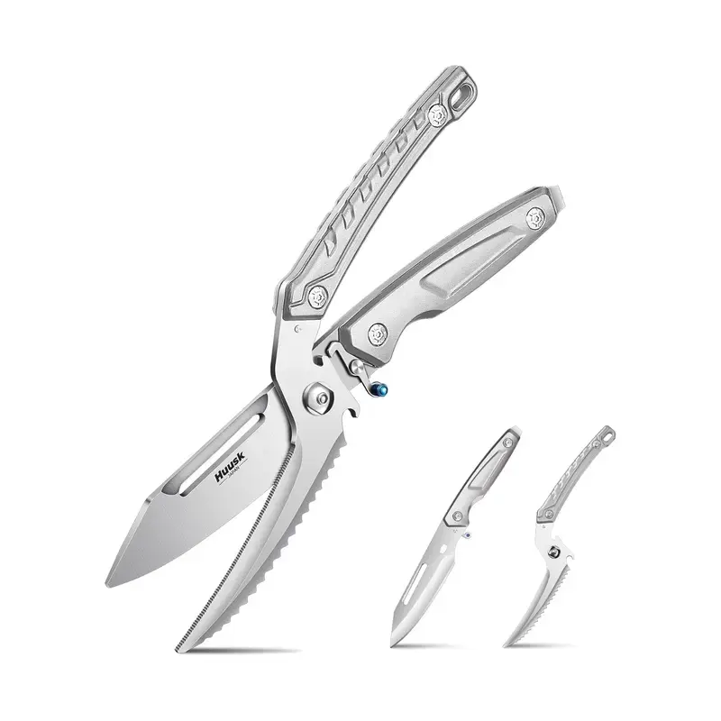 Huusk 7-in-1 Multi-Functional Stainless Steel Kitchen Scissors with 6-in-1 Base, Heavy-Duty Kitchen Gadgets, Serrated Blade, Peeler, Bottle Opener, Detachable Design, Safety Lock, Ideal Holiday Gift for Poultry, Meat