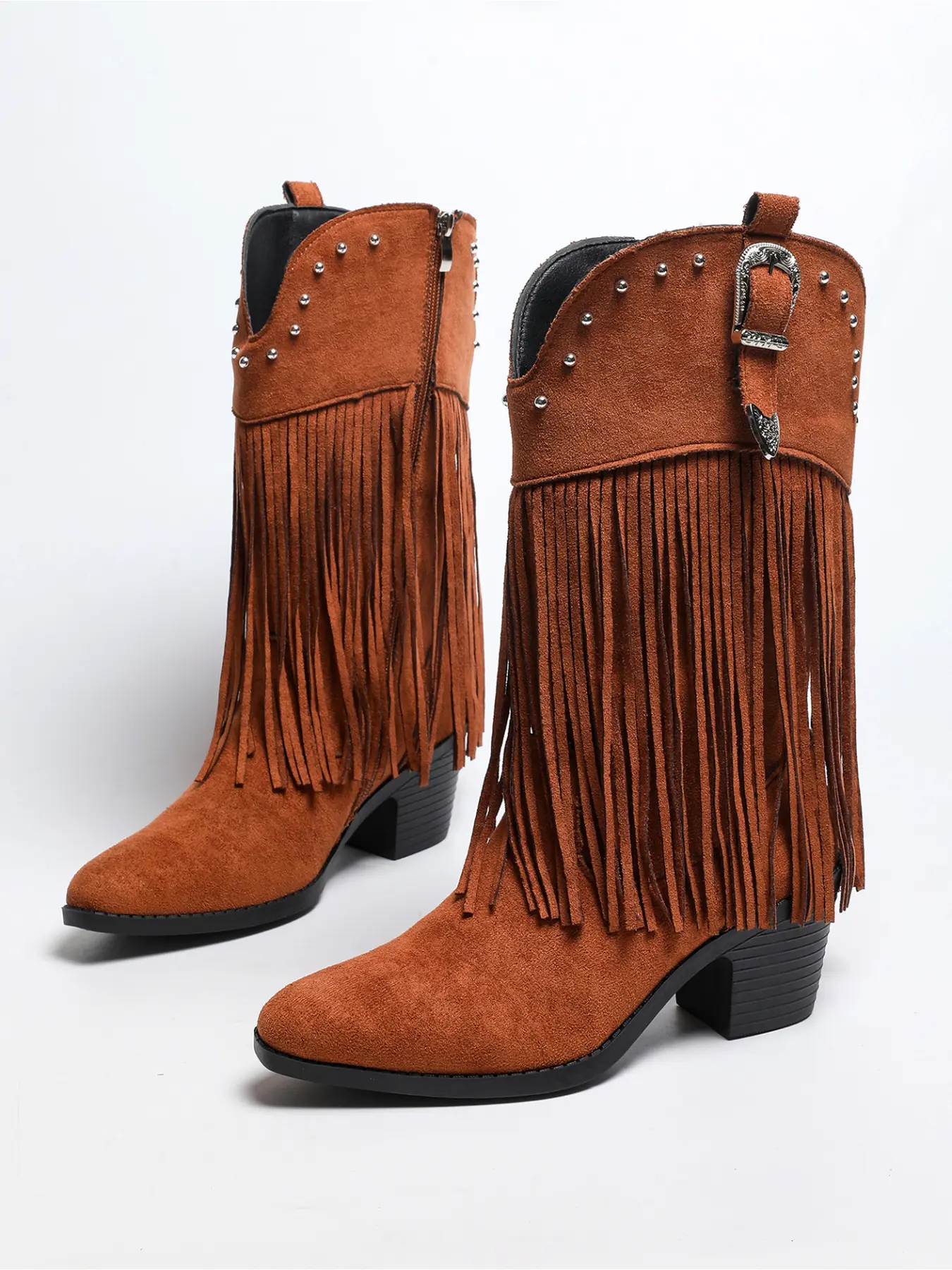 Trendy American Vintage 4 Colors Rivet Long Fringe Pointed Western Cowboy Mid Calf Boots, Anti Slip Block Heel, Eye-Catching Stage Boots For Street Outfit & Music Festival