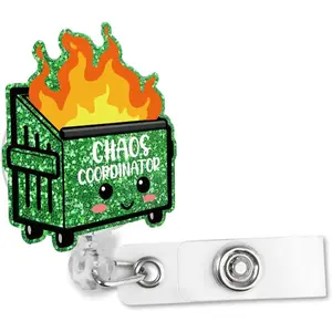 Chaos Coordinator Retractable Glitter Irregular Badge Reel with  Clip, Funny Dumpster Fire Badge Holder  for Charge Nurse  Office  Staff Manager Educator Teacher