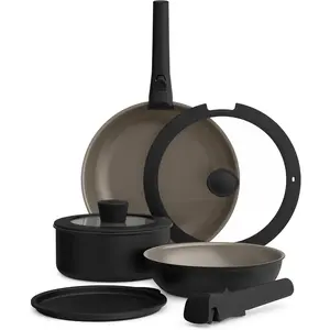 8 Piece Removable Handle Cookware Set, Fits-anywhere™ Kitchenware w EverGood™ Ceramic Nonstick Coating, Dishwasher & Oven Safe, All Stovetops Compatible, Glass Lids with Silicone Rims, Black