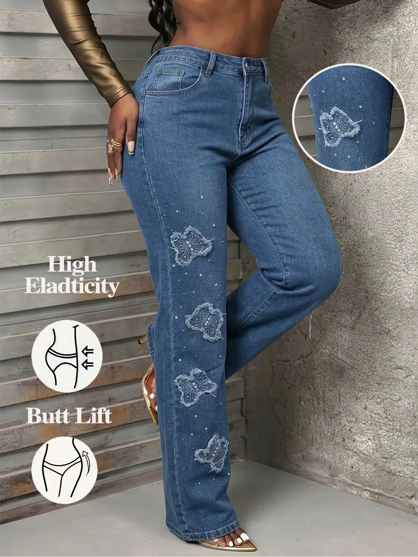 High Elastic Mid-Waist Light Blue Washed Side Lace Butterfly Rhinestone Wide Leg Denim Jeans, Flowy Hip Covering, Plus Size Women's Casual Loose Fit Baggy Long Pants