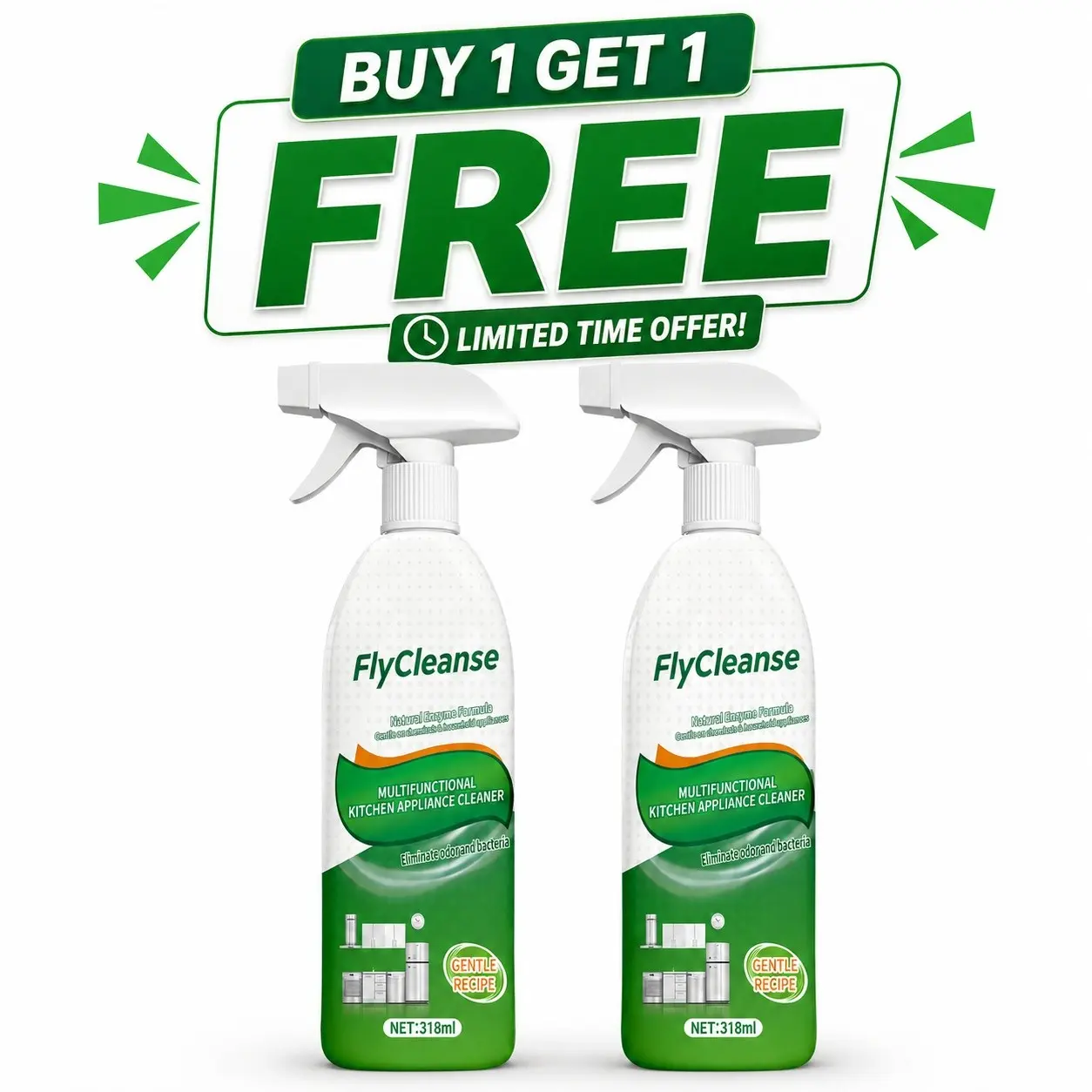 Buy 1 Get 1 Flycleanse Natural Enzyme Kitchen Cleaner Spray, Quick Oil and Mold Removal, 318ML Bottle, 24-Month Shelf Life
