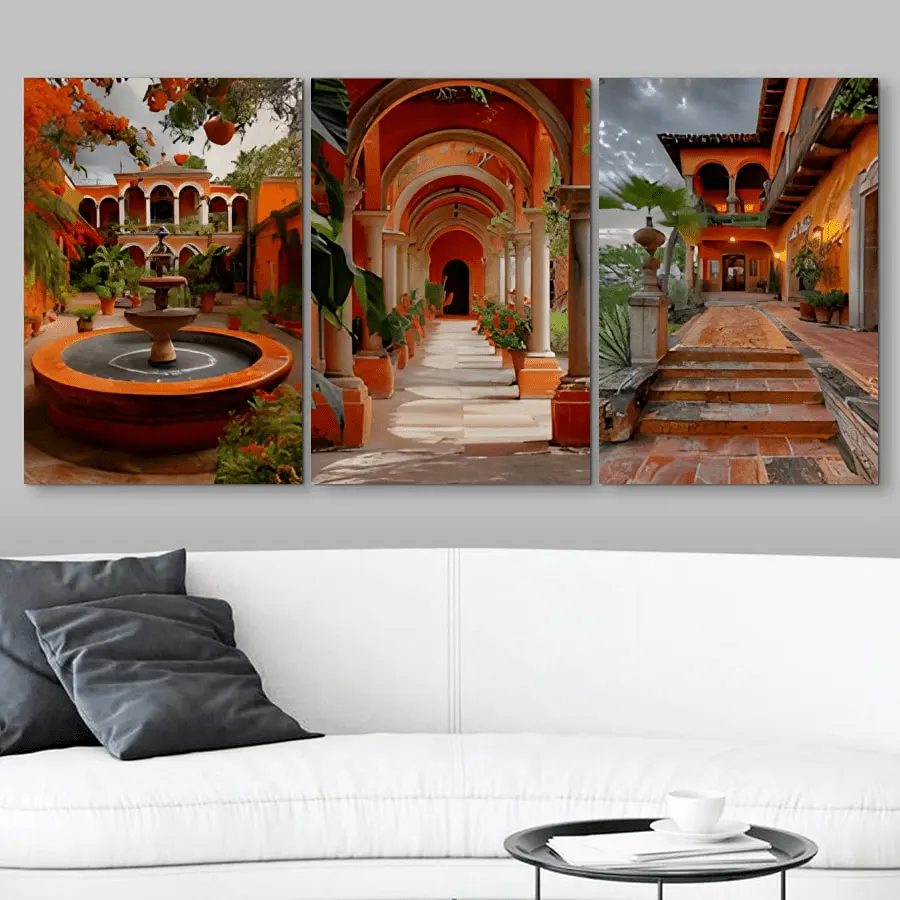 3-piece set of Mexican-style canvas paintings for decoration, Mexican hacienda canvas prints, modern wall art posters with colorful colonial architectural styles, wall art, simple style wall decor paintings for living room and bedroom, ready to hang, thic