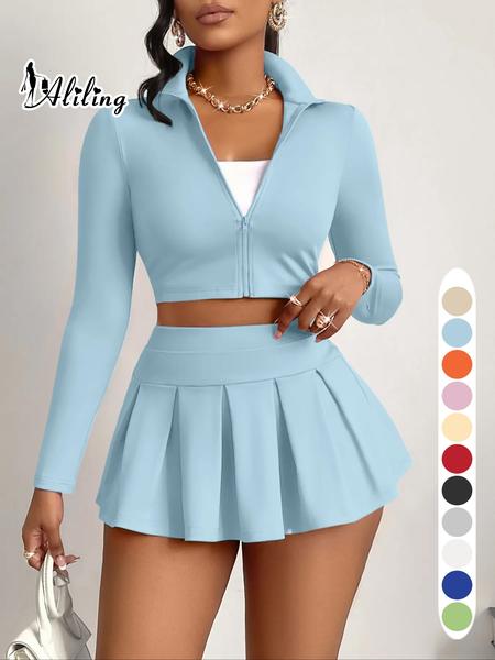 Aliling Casual Women's Two-Piece Set, Spring & Fall Long Sleeve Zipper Crop Top, High Waist Short Pleated Skirt, Slim-Fitting Crop Top and Skirt