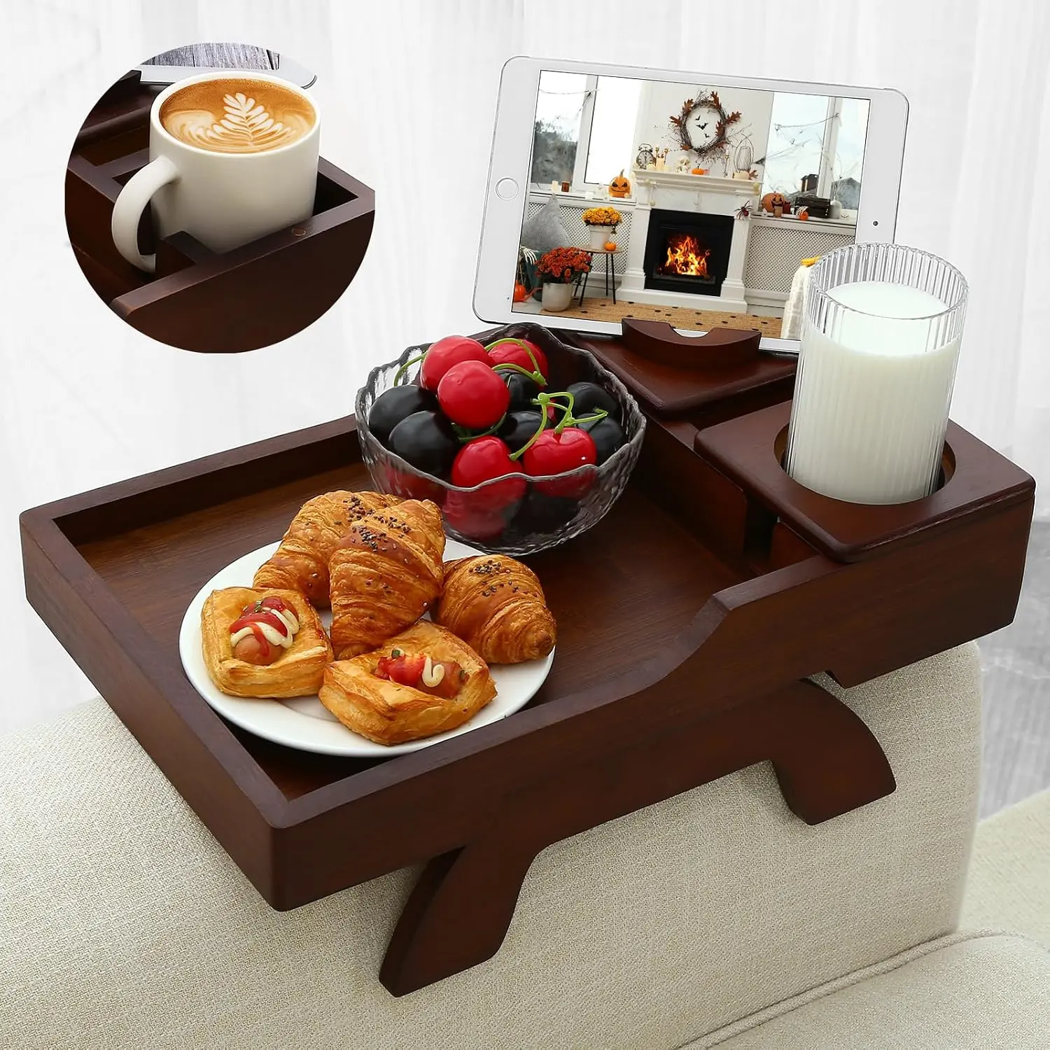 Couch Cup Holder Tray, 15.4"x9.9" Large 4 in 1 Couch Armrest Table with 360°Rotated Phone Holder, Non-Slip Clip  Side Table for Drinks/Remote/Snacks, Ideal  for Husband, Wife, Parents
