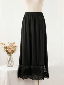 Coquette White Lace Trim Satin Sleep Skirt, Soft Silky Elastic Waist Half Slip, Casual Loungewear Underskirt