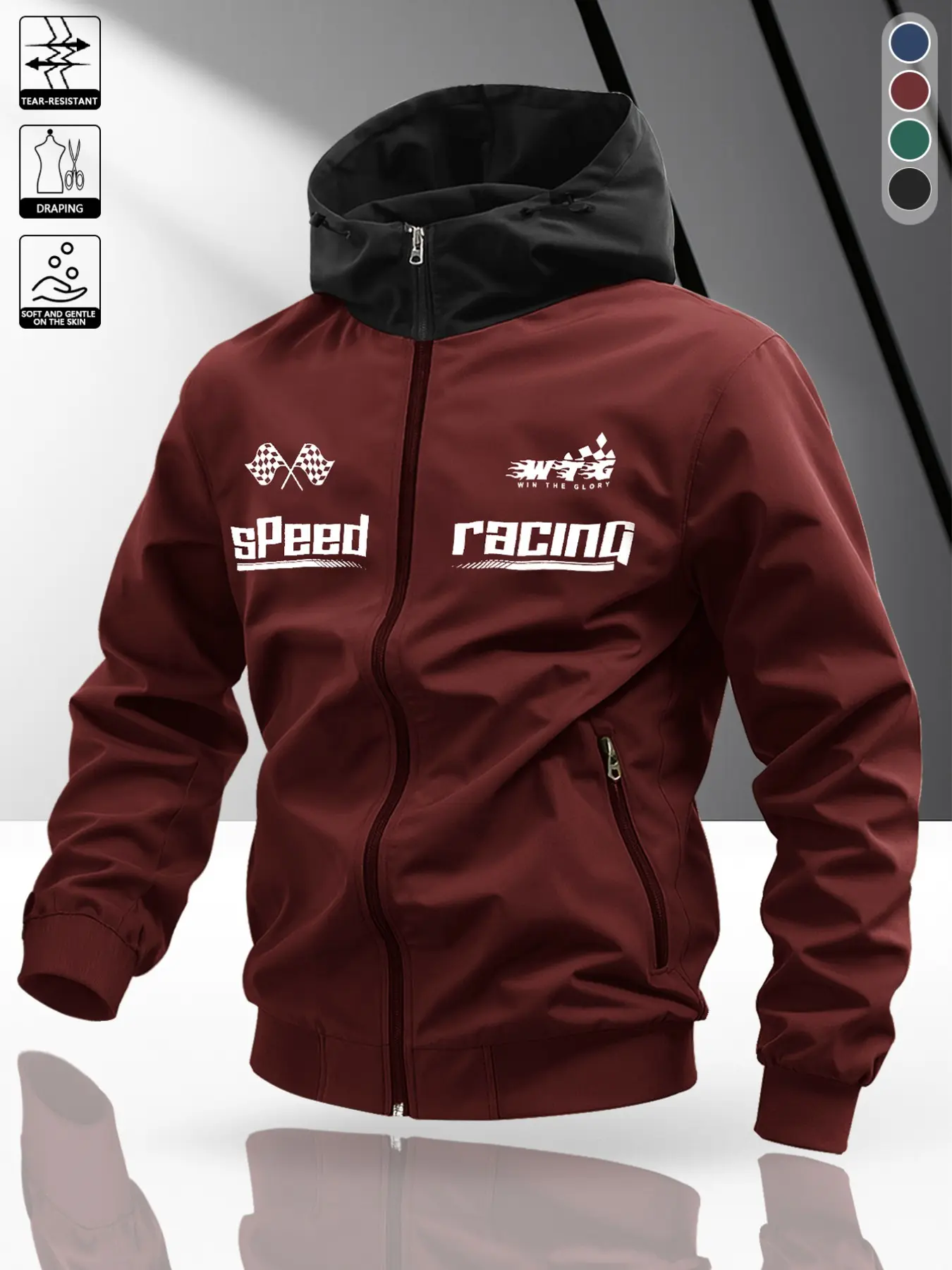 Men's American Racing Style Fall Winter Hooded Long Sleeve Flying Jacket, Colorblock Design, Loose Fit, All Seasons