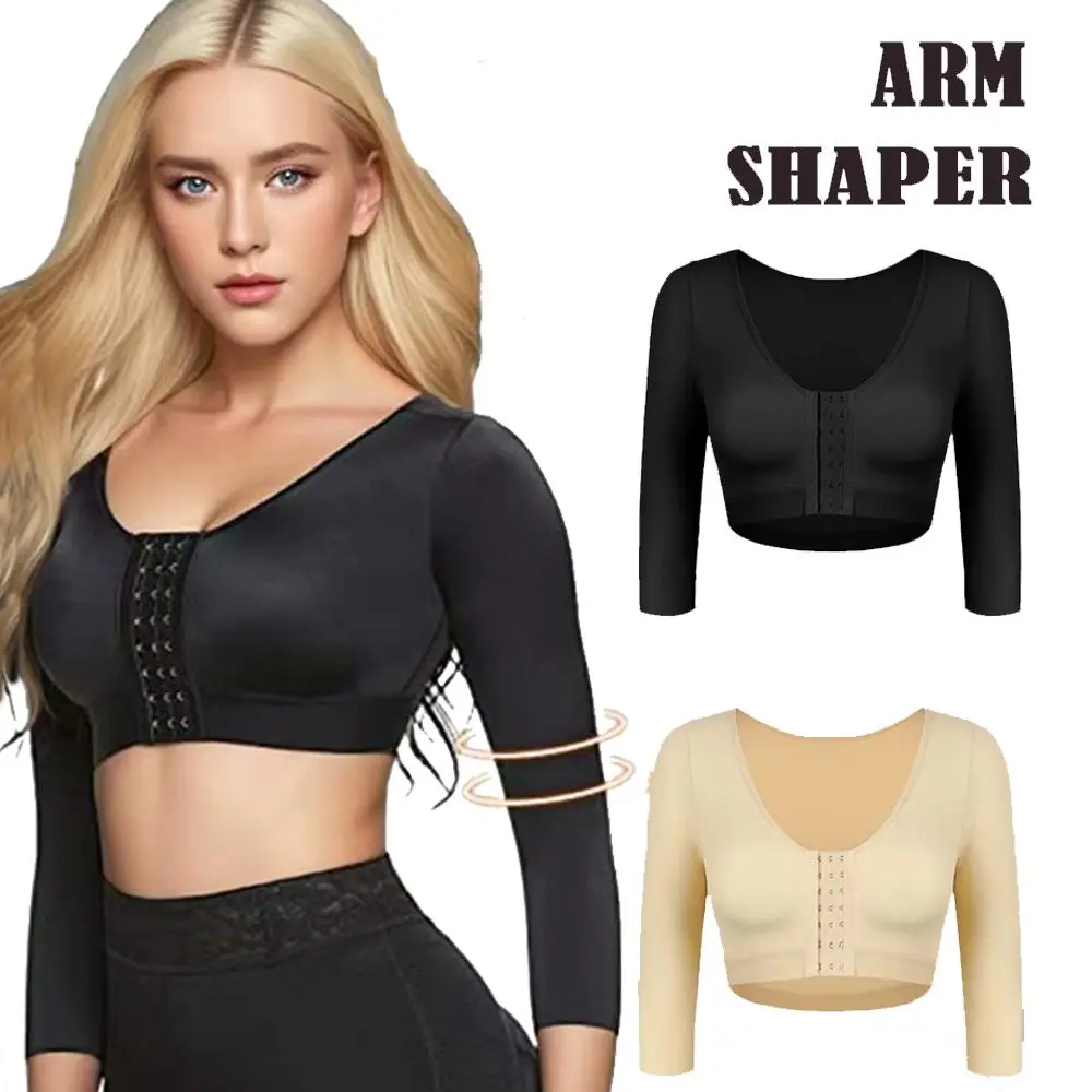 Women's Wireless Seamless Shapewear Arm Shaper - Post Surgery Long Sleeve Compression Top with Posture Improvement, Front Closure Push Up Bra for Body Slimming, Basic, Fit, Crew Neck, Solid, Body Contouring, Casual, Hand Wash Only