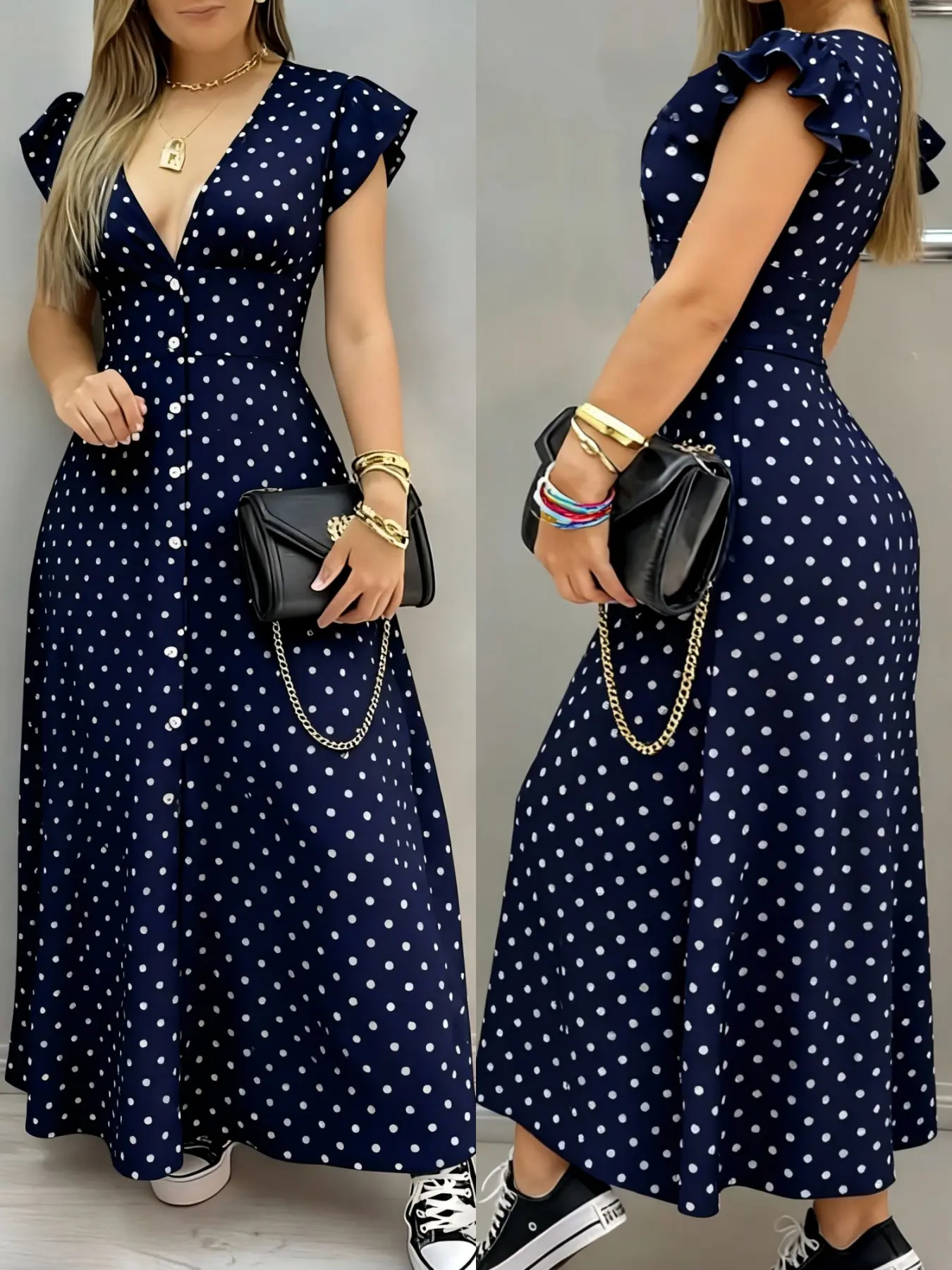 Summer Fashion Women's Polka Dot Print Short Sleeve Split Dress, Casual French Elegant Long Dress for Parties and Vacations