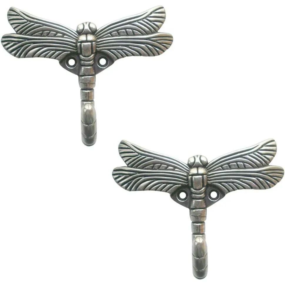 2pcs Dragonfly Coat Hooks Decorative Creativity Wall Mounted Hanger Hook for Home Handbag Key Towel Bathrobe (Ancient Silver)