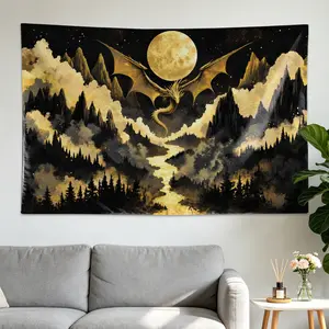 Golden Dragon Moon Mountain Forest Wall tapestry,Large size Printed Horizontal Tapestry blanket,Polyester Fabric Wall Hanging for living room,bedroom,No Installation Required,Indoor,Outdoor,Gift for Family and Friends