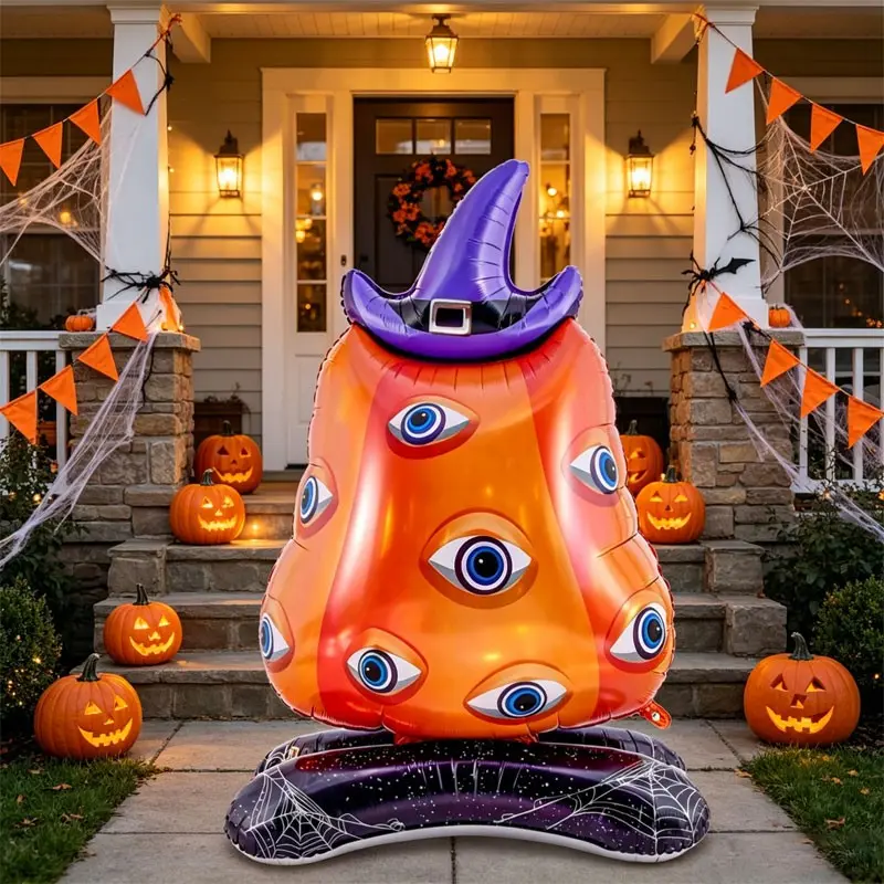 62-Inch Multi-Eye Pumpkin Halloween Aluminum Foil Balloon, Perfect for Horror Party Decor,Outdoor Halloween Yard Decoration, Cosplay Events, Prank-themed party，Community Event Decoration，Escape room script-based game scene setup