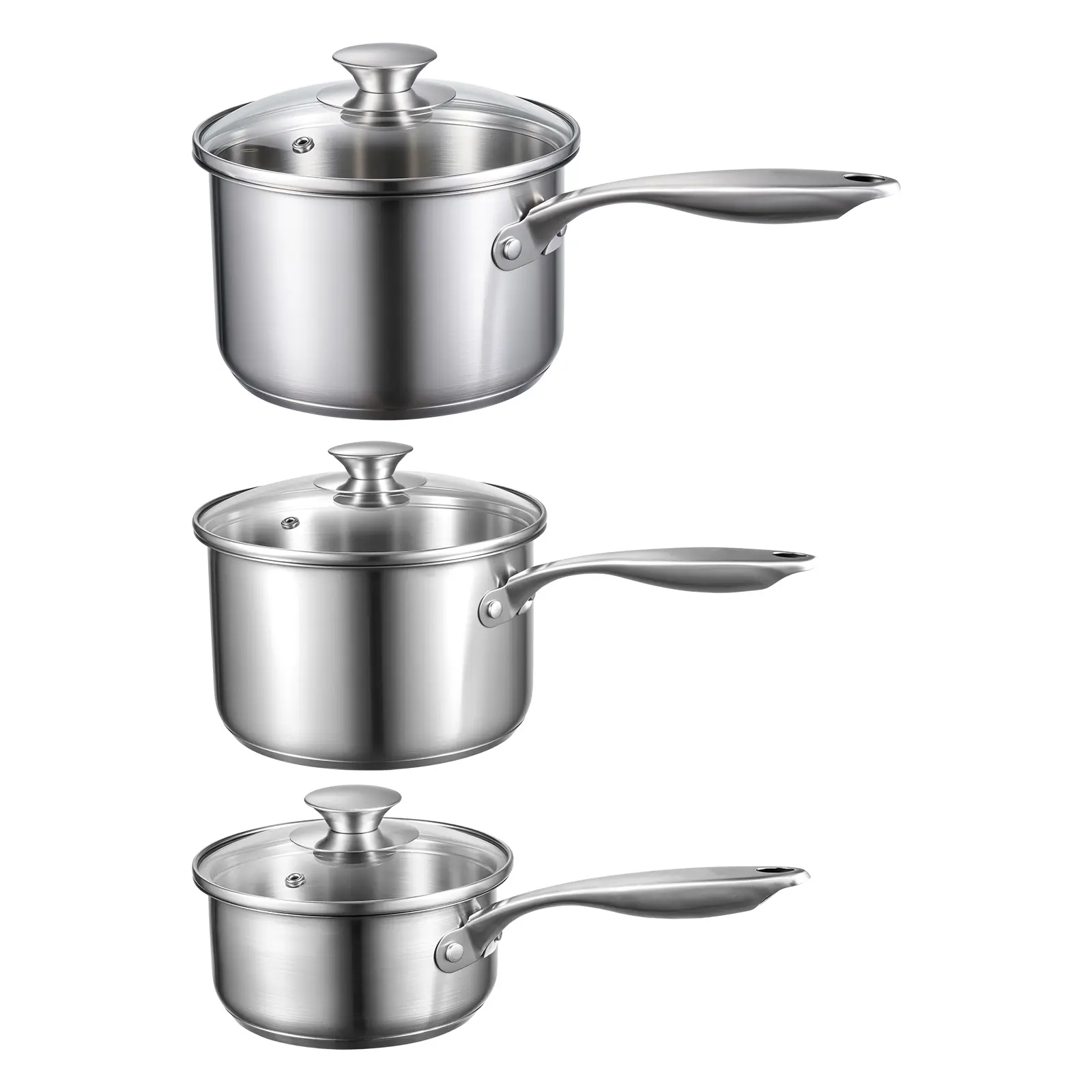 Stainless Steel Saucepan Set, 600°F / 315°C Maximum Temperature, 1+2+3 qt Volume Capacity, 3-Piece Saucepan Set