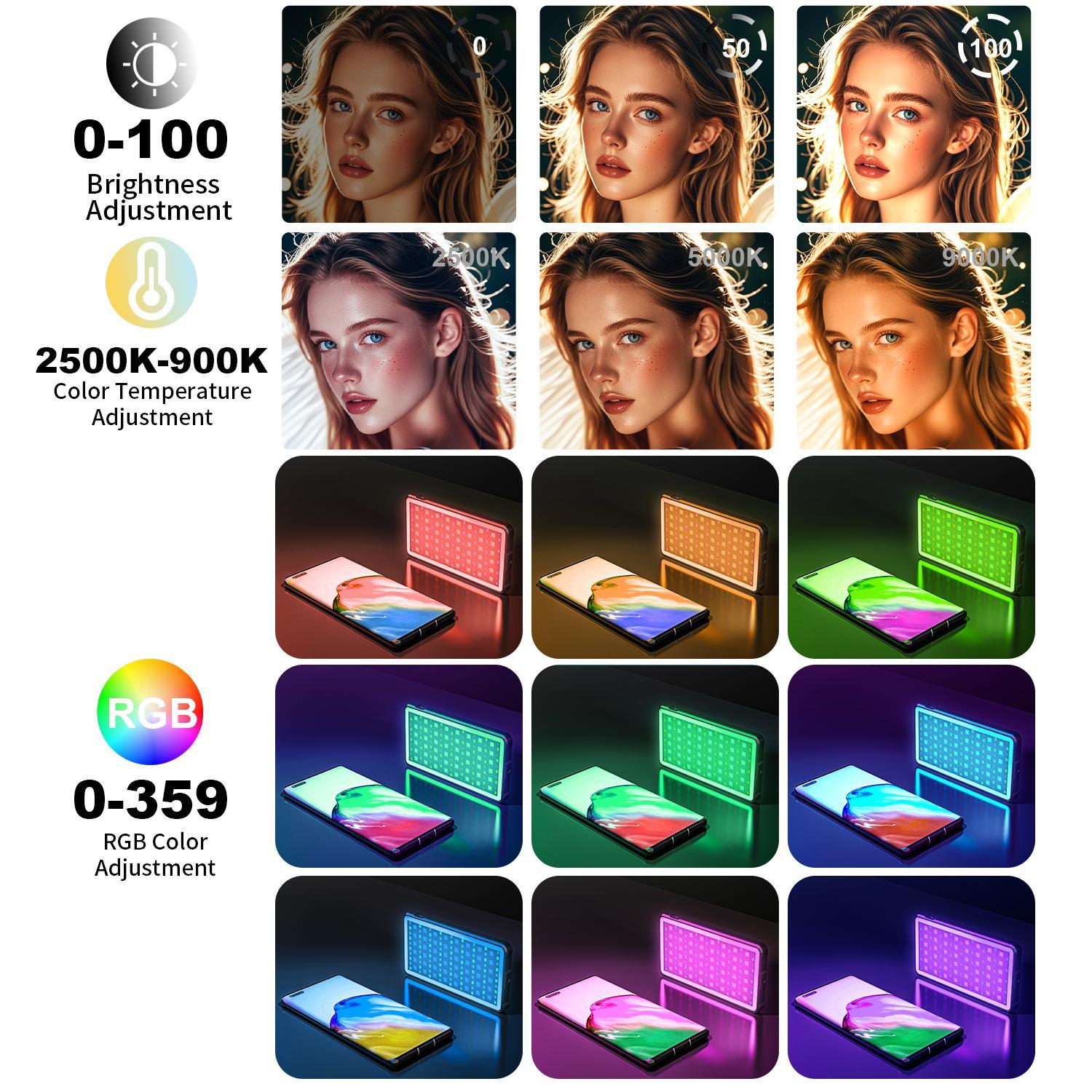 RGB Video Light, Portable LED Camera Light Panel, 0-360 Full Color LED Light, Rechargeable DSLR Lighting for Vlogging, Photography, Video Conference, Smartphone, Photographic Fill Light