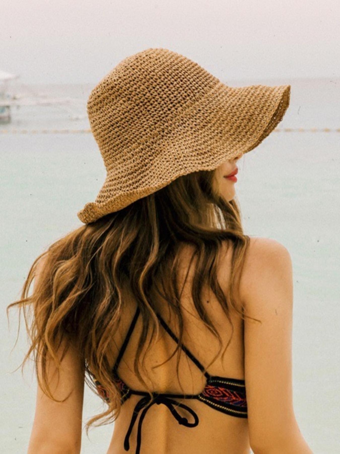 Women's Solid Color Straw Hat, Casual Outdoor Sun Protection Solar Bucket Hat for Women & Girls, Fashion Accessories for Traveling & Beach Vacation