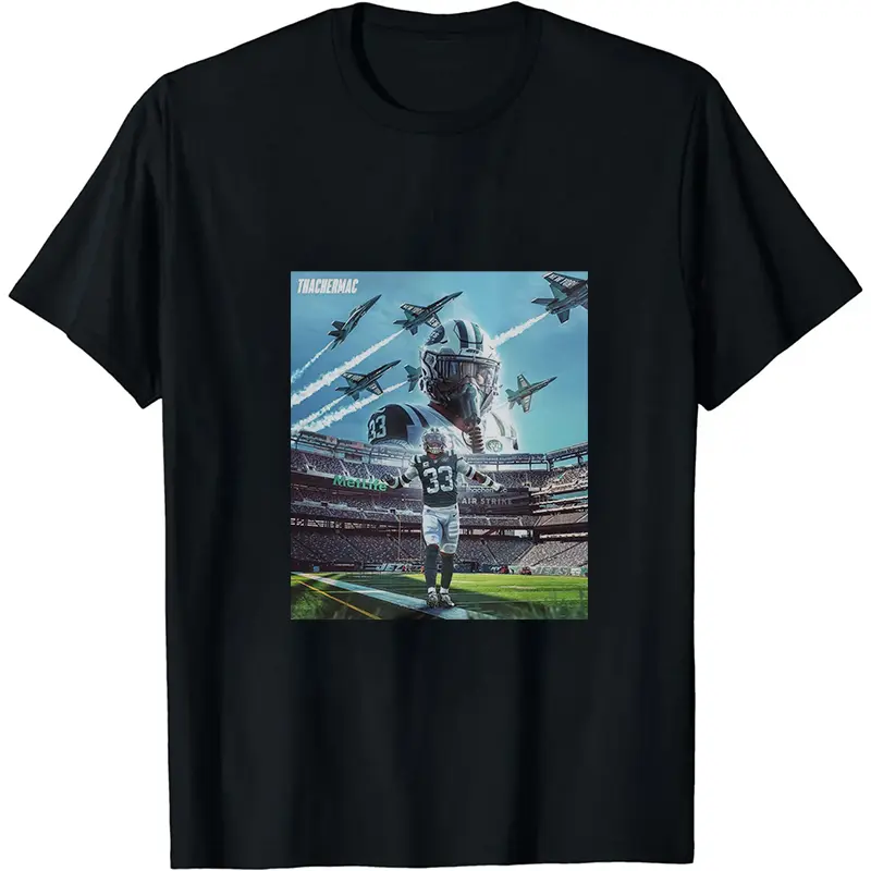 100% Soft Cotton Crewneck Tee, Jets # 33 Pilot Mask Jet Flyover MetLife Stadium Graphic Shirt, Oversized Loose Top For Game Day Tailgate, Trending Y2K NFL Fan Street Outfit