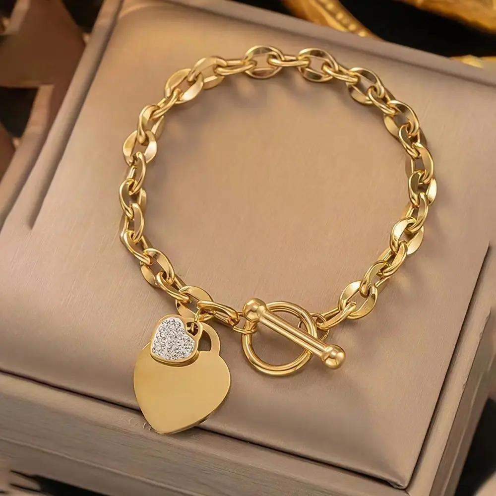 Women's Titanium Steel Heart Bracelet, Gold Tone Cubic Zirconia Toggle Clasp Chain, Viral Dainty Quiet Luxury Stackable Jewelry, Elegant Everyday Bracelet for Date Night, Wedding, Anniversary, Birthday & Gift for Her