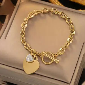 Women's Titanium Steel Heart Bracelet, Gold Tone Cubic Zirconia Toggle Clasp Chain, Viral Dainty Quiet Luxury Stackable Jewelry, Elegant Everyday Bracelet for Date Night, Wedding, Anniversary, Birthday & Gift for Her