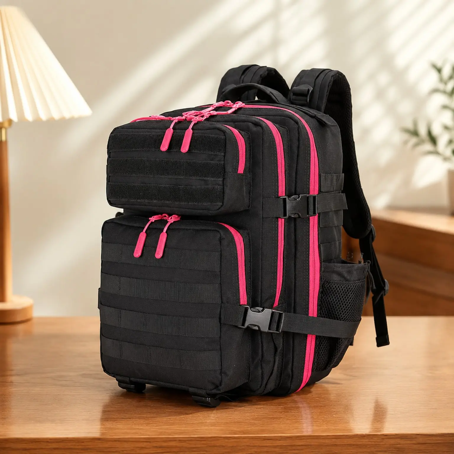 25L Tactical Military Backpack Small Travel Assault Pack Bug Out Bag Molle Daypack Gym Backpack with Bottle Holder for Men and Women (Black Neon Pink)(Gift)