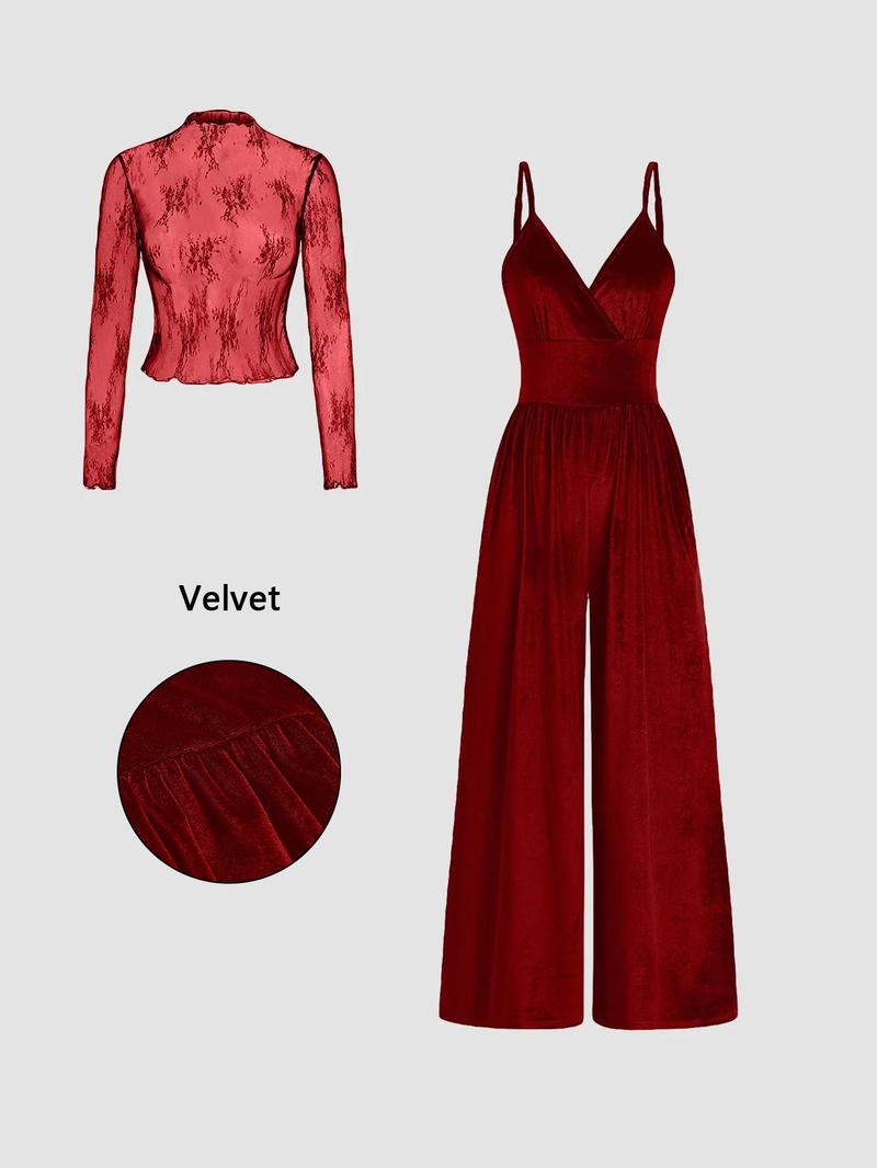 Women's Solid Lace Tee & Pocket Overalls Jumpsuit Set, Elegant Zipper Back Cami Jumpsuit & Long Sleeve Top for Daily Outdoor Wear, Women's Clothing for Spring & Fall, Matching Set Outfit, Womenswear Women's Solid Lace Tee & Pocket Overalls Jumpsuit Set, Elegant Zipper Back Cami Jumpsuit & Long Sleeve Top for Daily Outdoor Wear, Women's Clothing for Spring & Fall, Matching Set Outfit, Womenswear