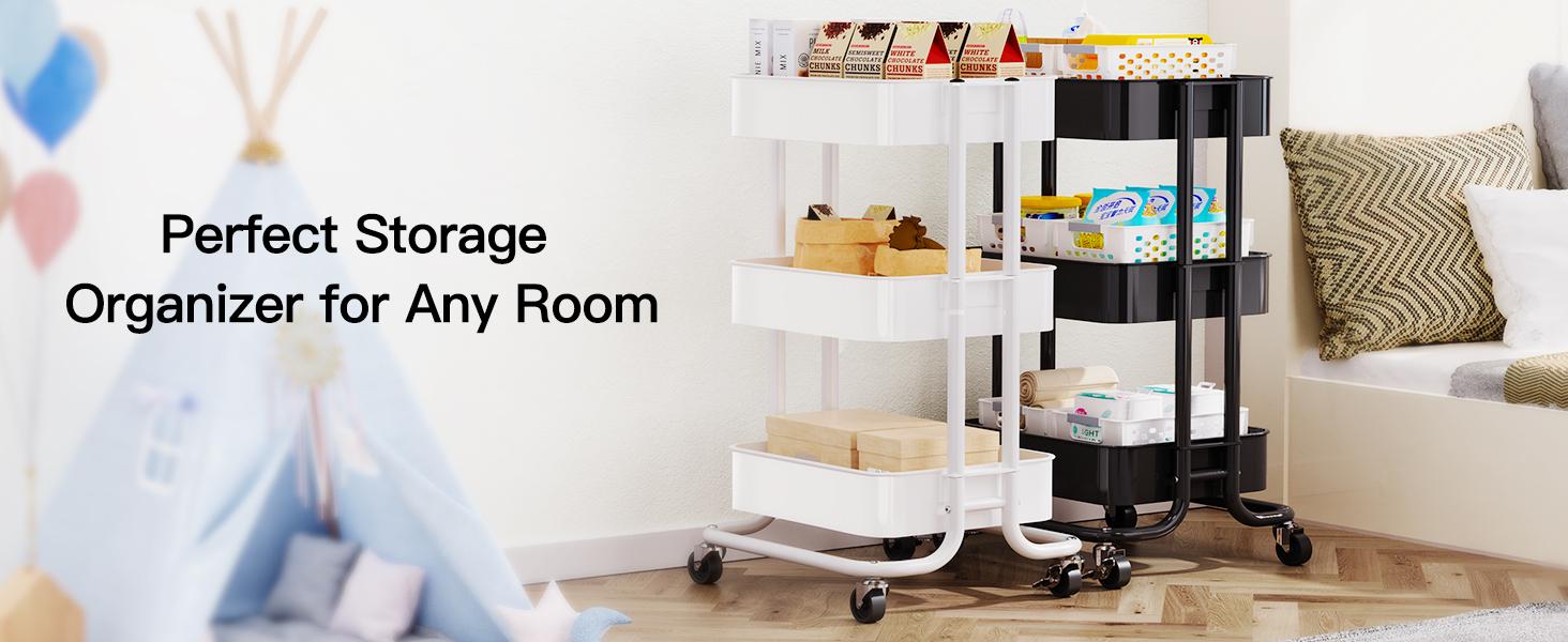 3 Tier Metal Rolling Utility Cart, Heavy-Duty Storage Rolling Cart with 2 Lockable Wheels, Multifunctional Mesh Organization Utility Cart for Kitchen Dining Room Living Room (Black)