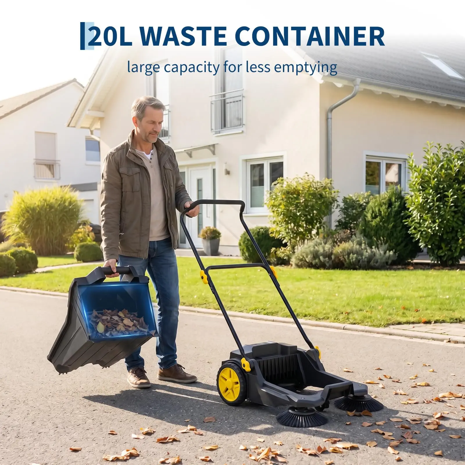 25.6" Walk-Behind Floor Sweeper, 20L Large Capacity, Adjustable & Foldable Handle, 25.6" Sweeping Width, for Patio/Garage/Yard/Driveway