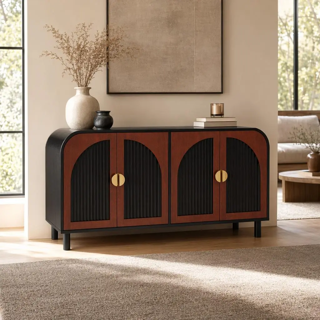Littleox 4 Door Vintage Arched Sideboard Buffet Cabinet Gold Half Moon Handle MDF Storage Cabinet with Adjustable Shelves Solid Wood Center Leg for Dining Room Entryway Living Room