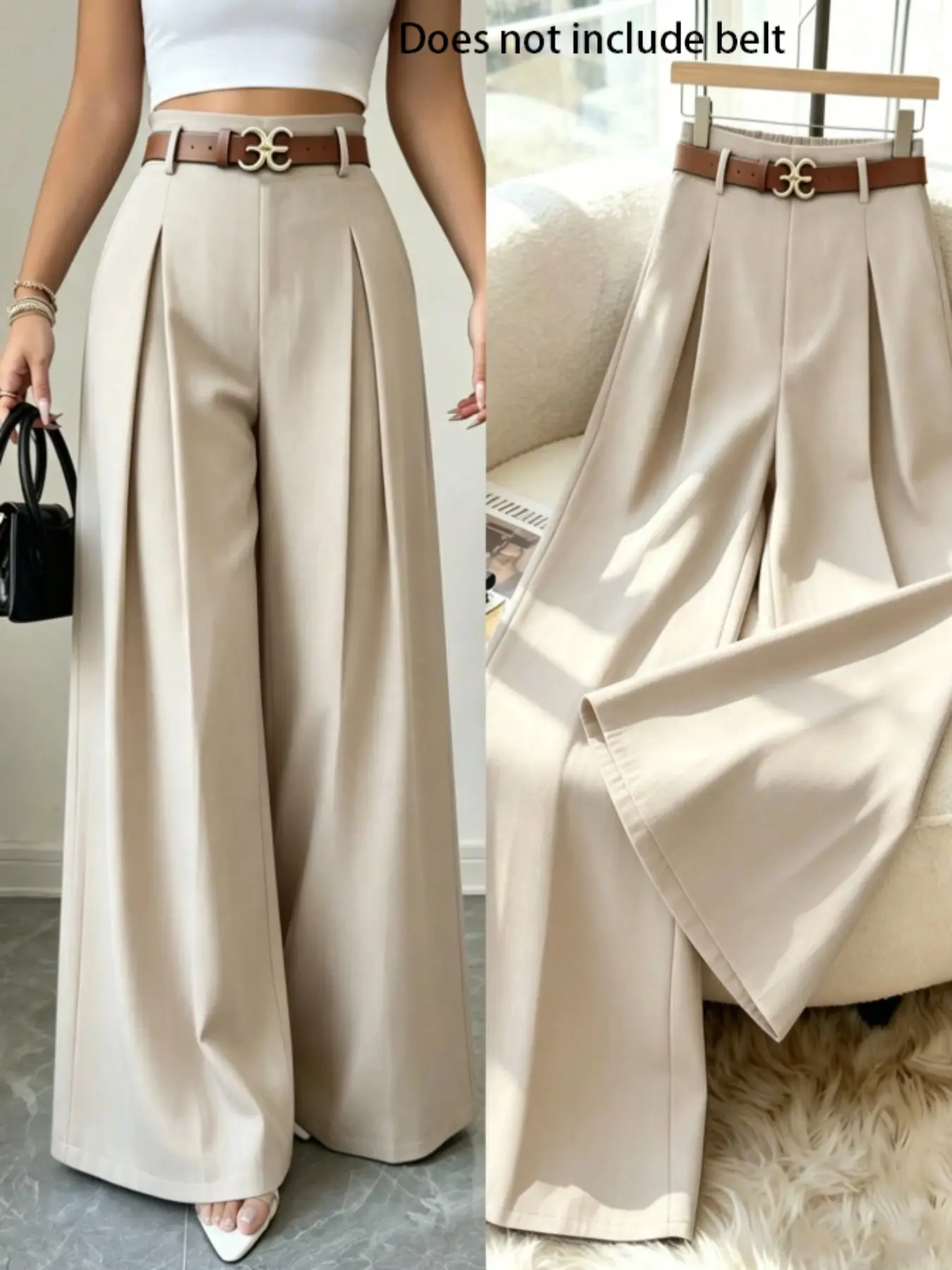 High-Waisted Pleated Wide-Leg Suit Pants for Women, Basic, Loose Fit, Solid Pattern, All Seasons, Casual Office Wear, Long Trousers