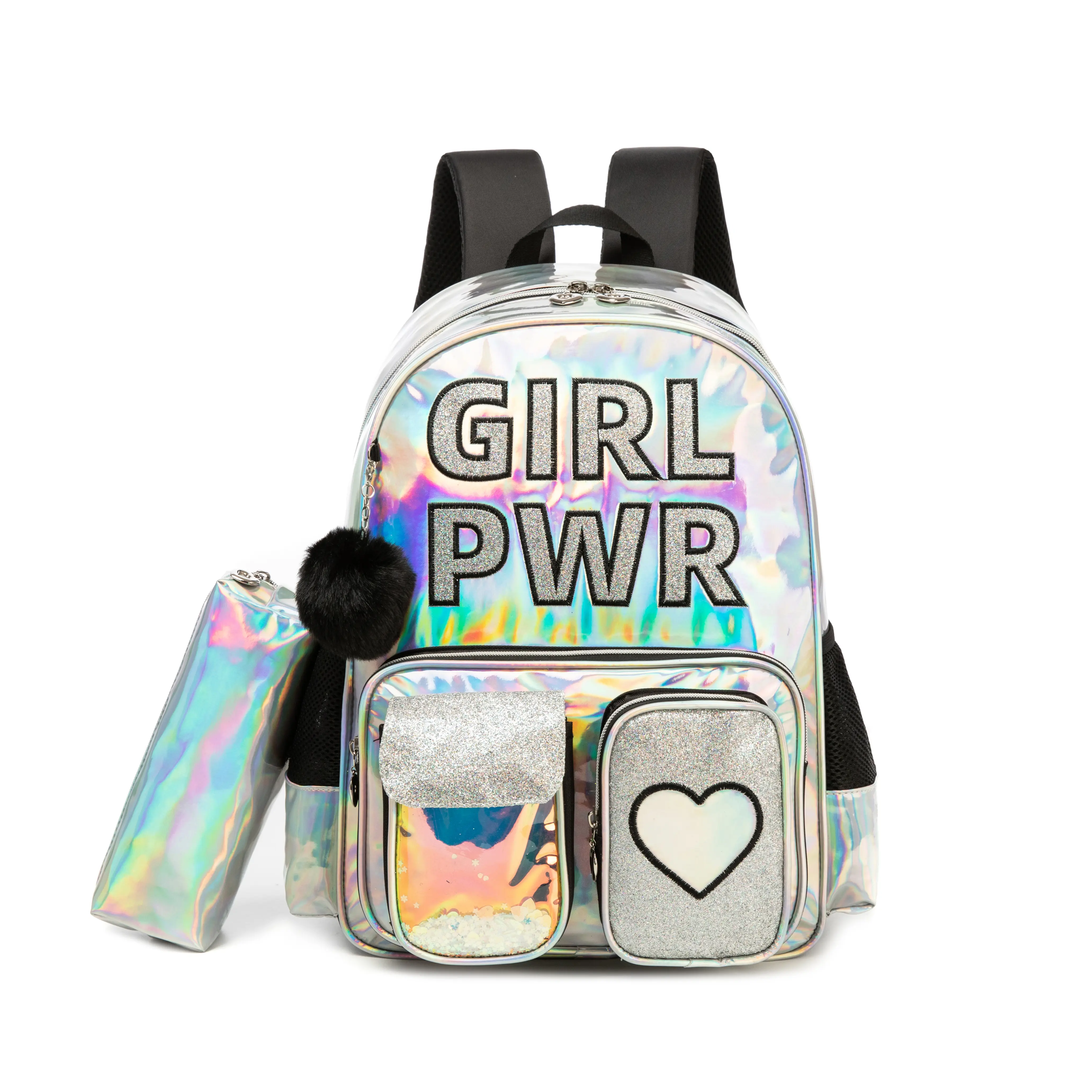 Girl Power Holographic 2PCS School Set - Iridescent Backpack & Pencil Case | Glitter Kids Bag Set