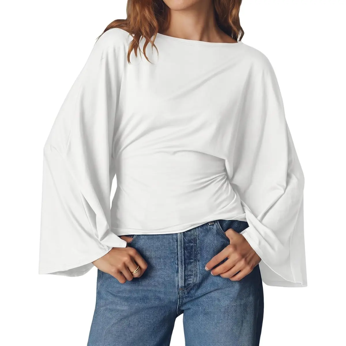 Cicy Bell Women Bell Long Sleeve Wrap Tops Tie Back Boat Neck T Shirt | Casual Trendy, Batwing Long Sleeve, Loose Fit, Cinched Waist, Flowy Blouse, Summer, Fall Clothes