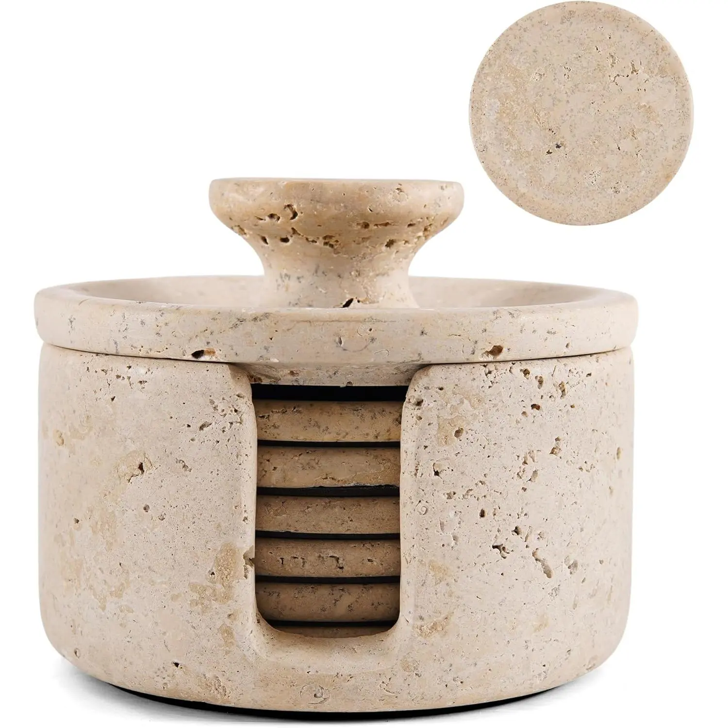 Travertine Marble Coasters with Holder Lid for Drinks 3.5 Inch Stone Coaster Set of 6, Ideal for Patio, Living Room & Kitchen Decor