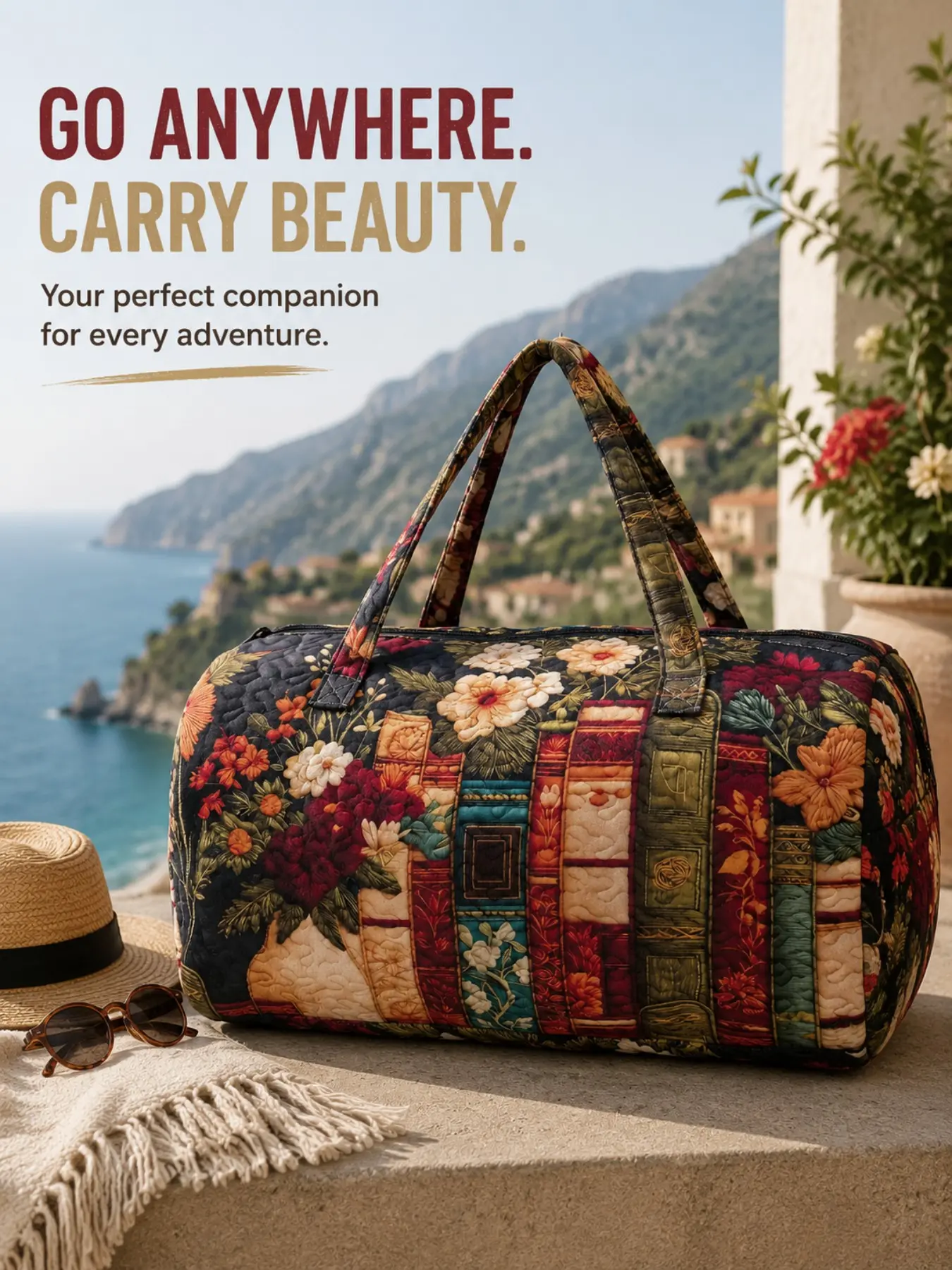 1 Piece Vintage Book Stack Floral Patchwork Duffle Weekender Bag, Retro Print Reinforced Handles Large Capacity Tote for Book Lovers, Short Trips & Gym