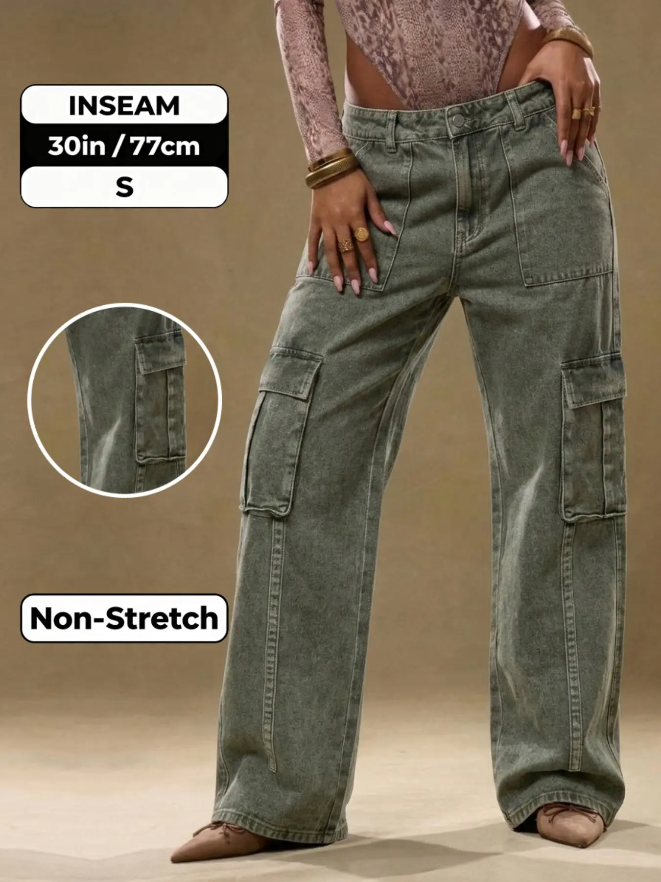 Women's Vintage Acid Wash Olive Cargo Wide Leg Jeans, High Waist Loose Fit, Side Pockets, Retro Millennial Style, Casual Daily Wear