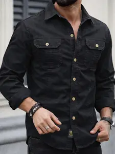 Men's Long Sleeve Shirt, Workwear Style Blouse, Casual Fitted Top, All Seasons Solid Pattern, Durable and Versatile Clothing