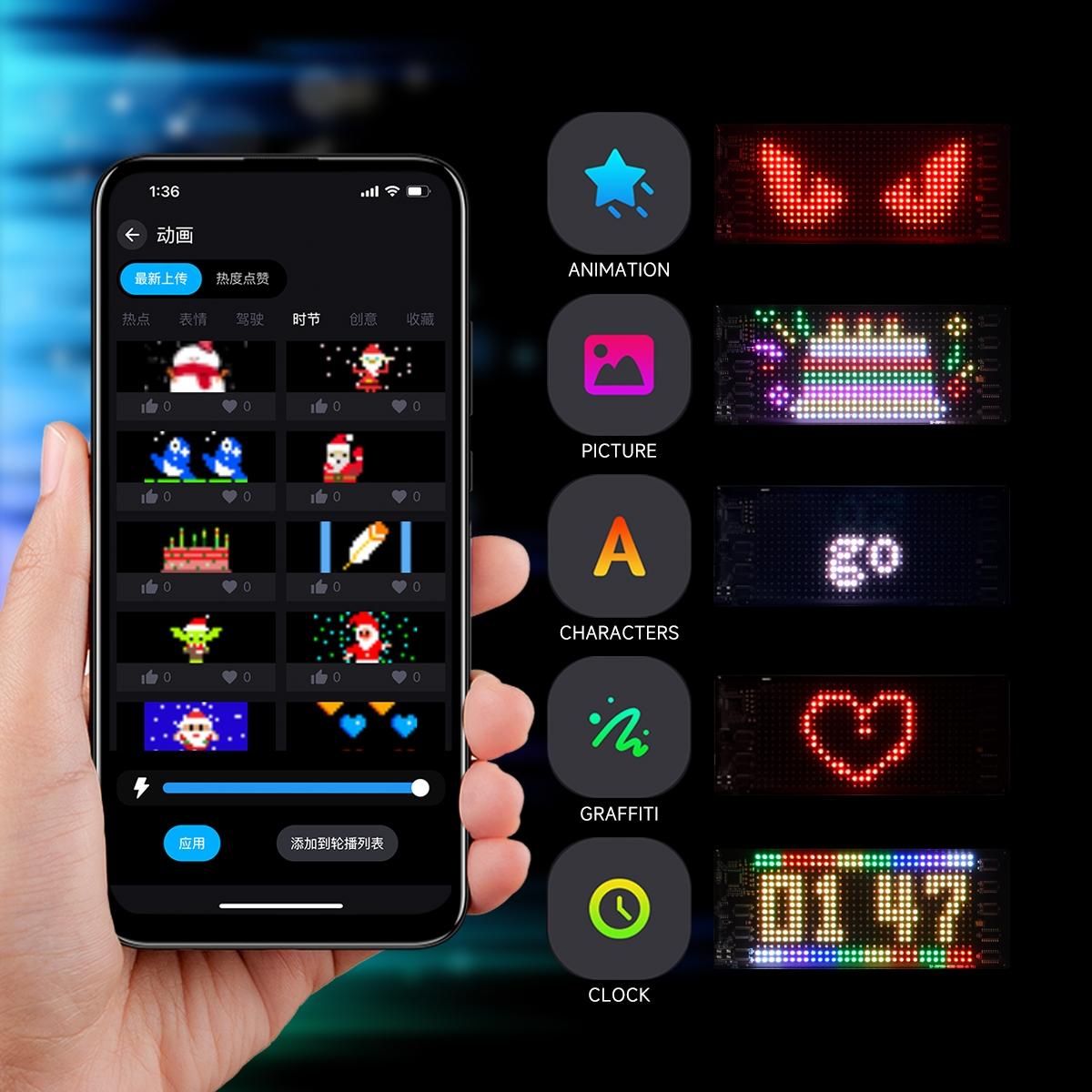 Dynamic Pixel Matrix Car Smart Display APP Remote Dual Control RGB Flex Film Screen DIY Animation Real Time Music Sync Voice Activated Gift For Men Tech Upgrade