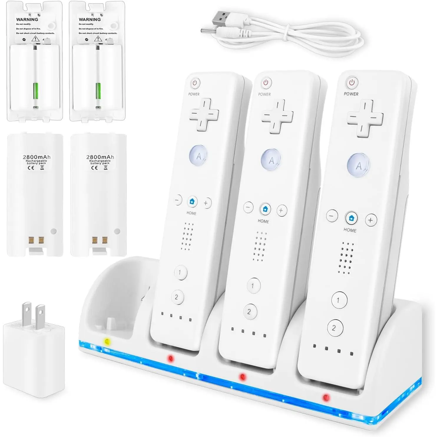 4-in-1 Charger Station for Wii/Wii U Remote Controller,  with 4 Pack 2800mAh Rechargeable  Pack+4 Port  Station+Plugs+USB ,Not Ilude Remote (White)
