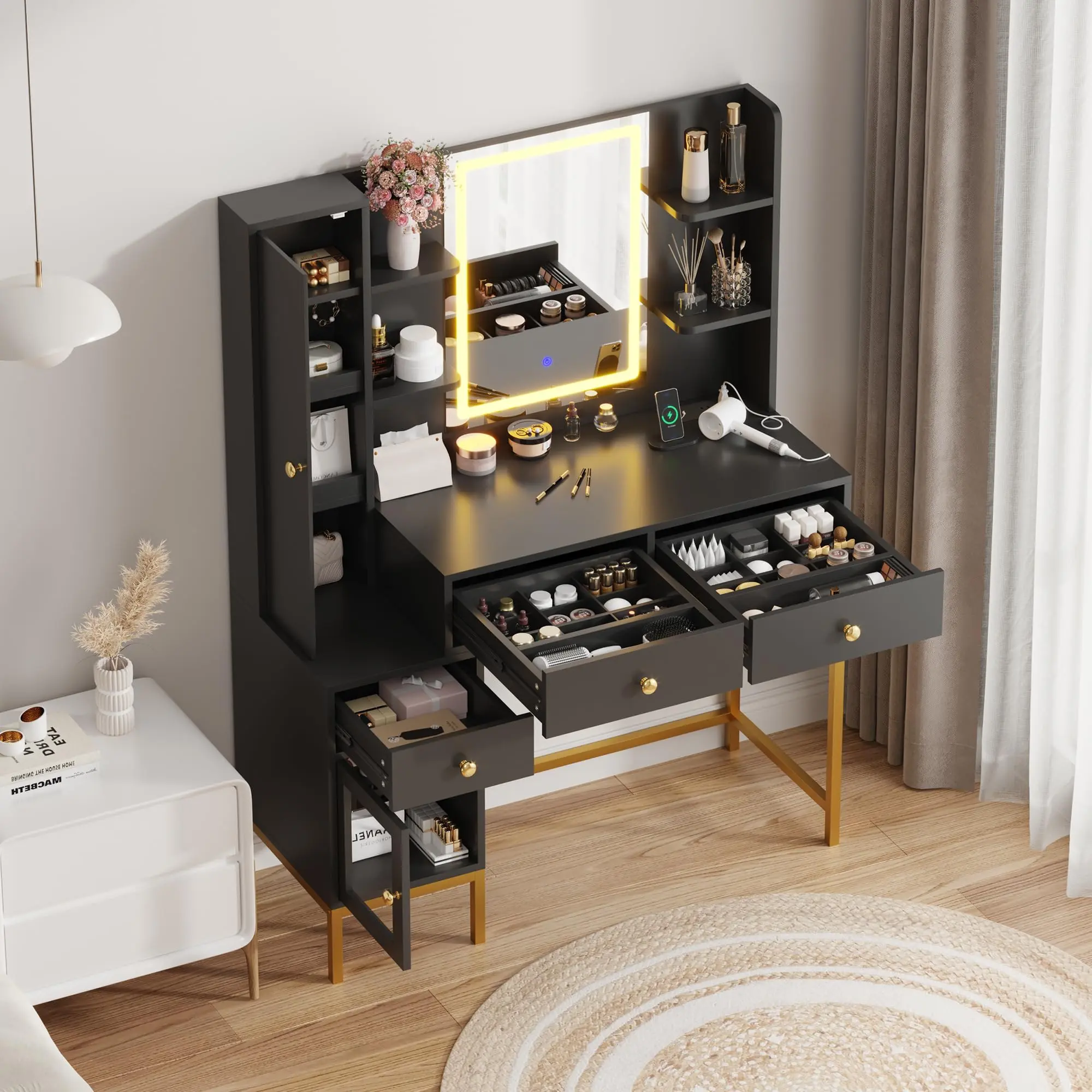 Garvee Makeup Vanity Desk and Stool, Vanity Dressing Table with Mirror Lights in 3 Colors, White Vanity Table with Charging Station